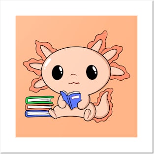 Cute Kawaii Orange Axolotl Reading With Books Posters and Art